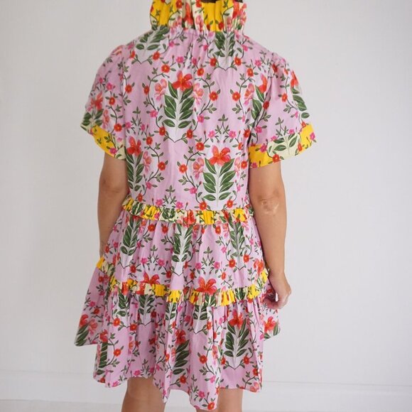 Alden Adair Pink Floral Button Front Tiered Ruffle Short Sleeve Cotton Dress S - Picture 2 of 11